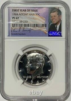 1964 NGC PF67 PROOF SILVER KENNEDY ACCENT HAIR HALF JFK COIN 50c SIGNATURE LABEL