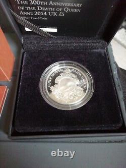 2014 QUEEN ANNE SILVER PROOF £5 FIVE POUND COIN. NO TONING. Boxed -COA