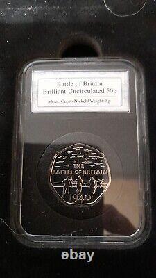 2015 BATTLE OF BRITAIN 75th ANNIV 50p TRIO WITH SILVER PROOF boxed/coa