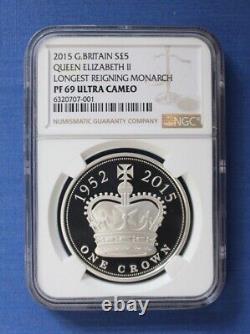 2015 Silver Proof £5 Crown coin Longest Reign NGC Graded PF69 with Case & COA