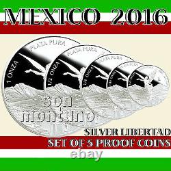 2016 MEXICO SET OF 5 SILVER LIBERTAD PROOF COINS in Original Mint Capsules