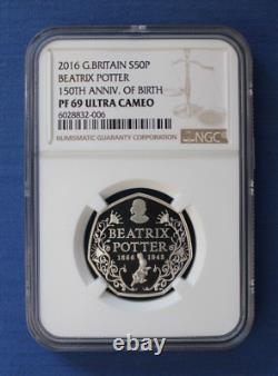 2016 Silver Proof 50p Beatrix Potter Anniversary NGC Graded PF69 with Case/COA
