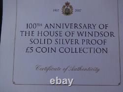 2017 SILVER PROOF TDC 5 X £5 COIN BOX SET + COA 100th HOUSE OF WINDSOR 1/299