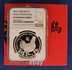 2017 Silver Proof 1oz £2 coin Year of the Rooster NGC Graded PF69 with Case