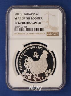 2017 Silver Proof 1oz £2 coin Year of the Rooster NGC Graded PF69 with Case