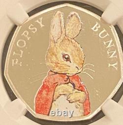 2018 50p Flopsy Bunny Silver Proof Colorized Coin NGC PF70 Ultra Cameo Top Pop
