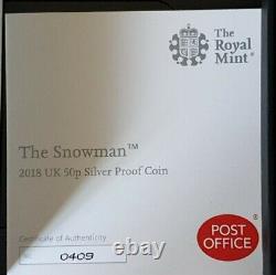 2018 BOXED SNOWMAN STERLING SILVER PROOF 50p COIN WITH LOW COA 0409