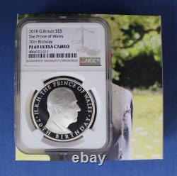 2018 Silver Proof £5 coin Charles 70th Birthday NGC Graded PF69 Case & COA