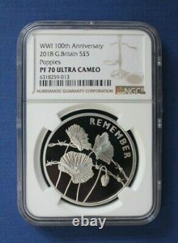 2018 Silver Proof £5 coin WWI Poppies NGC Graded PF70 Ultra Cameo
