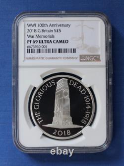 2018 Silver Proof £5 coin WWI War Memorials NGC Graded PF69 Ultra Cameo