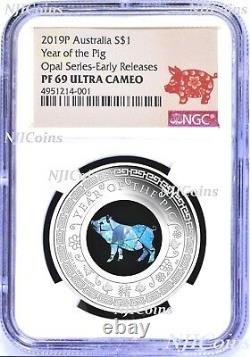 2019 Australia OPAL LUNAR Year of the PIG 1oz Silver Proof Coin NGC PF69 UC ER