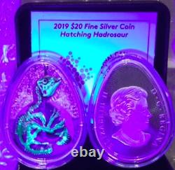 2019 Hatching Hadrosaur Dinosaur $20 1OZ Silver Proof Glow-Dark Egg-Shaped Coin