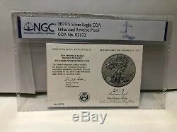 2019-S ENHANCED REVERSE PROOF SILVER EAGLE NGC PF70 with COA # 02173 BROWN LABEL