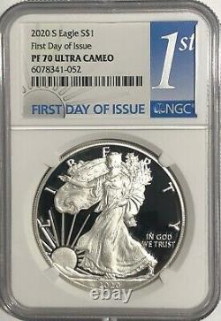 2020 S 1 Oz Ngc Pf70 Ucam First Day Of Issue Proof Silver Eagle 1st Day Label