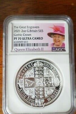 2021 GOTHIC CROWN 2OZ SILVER PROOF QUARTERED ARMS COIN NGC PF70 inc. BOX & COA