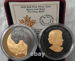 2021 Gold and Black Grey Wolf $20 1OZ Pure Silver Proof Coin Canada