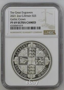 2021 Gothic Crown 2oz Silver Proof Quartered Arms Coin Ngc Pf69uc. Box & Coa