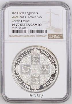 2021 Gothic Crown 2oz Silver Proof Quartered Arms Coin Ngc Pf70uc. Box & Coa