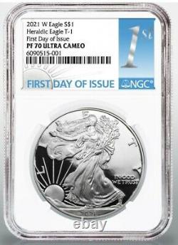 2021 W $1 American Proof Silver Eagle Type 1 Ngc Pf70 First Day Of Issue Fdoi