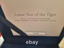 2022 ROYAL MINT LUNAR YEAR OF THE TIGER 1oz SILVER PROOF COIN WITH BOX & COA