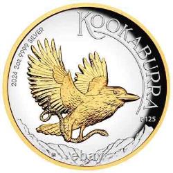 2024 Australian Kookaburra 2 oz Silver High Relief Gilded Proof Coin Minted 2000