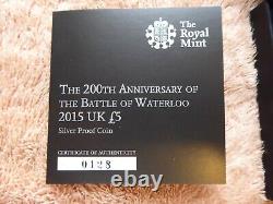 BATTLE of WATERLOO SILVER PROOF FIVE POUND / £5 COIN ROYAL MINT 2015 RARE