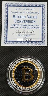 BITCOIN VALUE CONVERSION 1 oz. 999 Solid Silver Proof Round Color Coin With COA