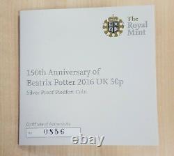 Beatrix Potter 150th Anniversary Silver Proof PIEDFORT 50p Coin 2016 with CoA