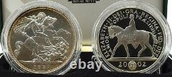 Coin Silver Proof Queen Elizabeth II 2002 Silver £5 + 1887 Crown BOX + COA