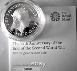 END WORLD WAR TWO. MAKING PEACE WW II. 2020 SILVER PROOF £5 COIN boxed & COA