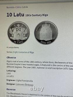 Latvia coin 10 latus 1997 Silver proof box CoA 8 centuries Riga Blackhead b2.28