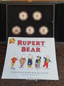 Rupert the Bear 5-coin. 925 Silver Proof coloured 50p boxed set Isle of Man 2020