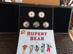 Rupert the Bear 5-coin. 925 Silver Proof coloured 50p boxed set Isle of Man 2020