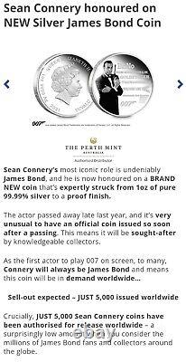 Sean Connery James Bond 007 1oz Silver Proof Coin Rare Highly Sought After Coll