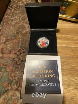 Silver Proof King Charles 3 /Queen Eliz 2 2022 Crown Coloured Accession Coin