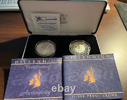 UK 1999 2000 New Millennium 2 Silver Proof £5 Pounds Crown Coin Set COA Boxed