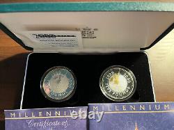 UK 1999 2000 New Millennium 2 Silver Proof £5 Pounds Crown Coin Set COA Boxed
